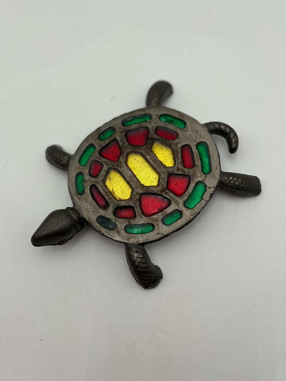 Vintage Turtle Trivet with Stained Glass Style Inlay